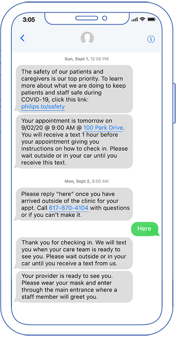 Dispositivo inteligente que mostra os lembretes de preparo para consulta e o check-in sem contato