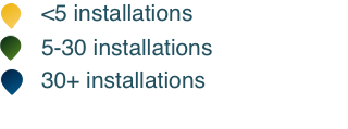 Legenda: Amarelo - at&eacute; 5 sistemas instalados; Verde - entre 5 e 30 sistemas instalados; Azul - mais de 30 sistemas instalados;