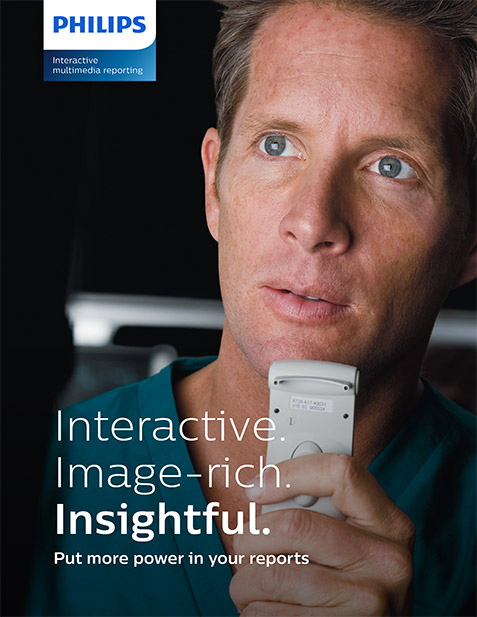 Capa do folheto sobre relat&oacute;rios multim&iacute;dia interativos da Philips para otimizar as informa&ccedil;&otilde;es cl&iacute;nicas