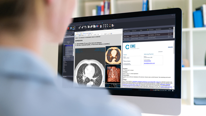 M&eacute;dico criando um relat&oacute;rio de radiologia completo, de valor, para os m&eacute;dicos requisitantes